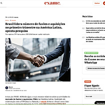 Brasil lidera n�mero de fus�es e aquisi��es no primeiro trimestre na Am�rica Latina, aponta pesquisa  Este � um trecho original publicado em Exame.com. Leia a mat�ria completa em https://exame.com/bussola/brasil-lidera-numero-de-fusoes-e-aquisicoes-no-pri